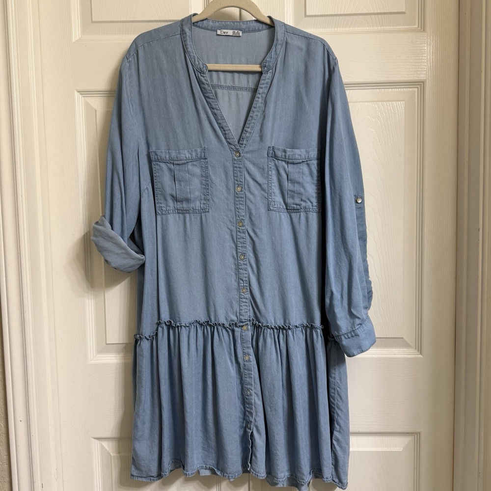 DEX Light Wash Denim Tunic Dress Roll Tab Sleeves Ruffle Pockets Size 2X